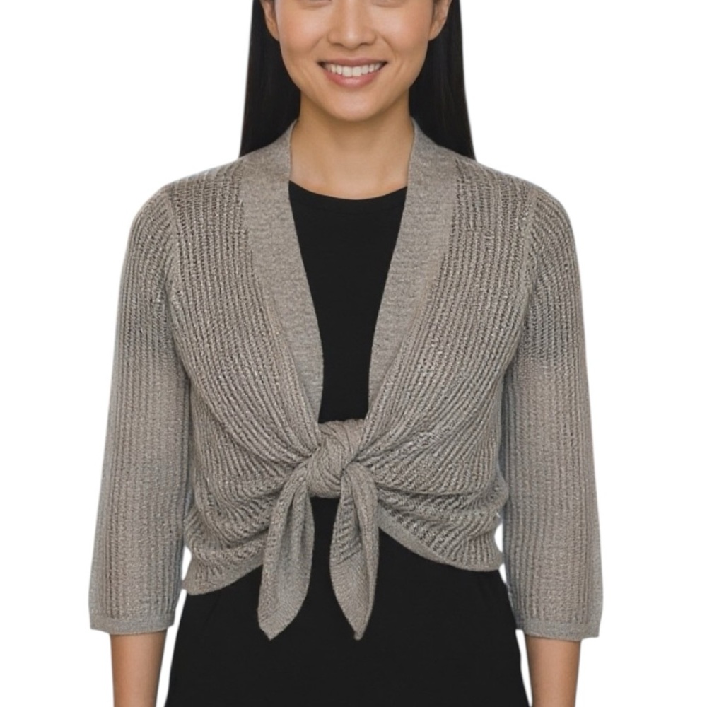 Tahari Linen Tan Cropped Cardigan Size XS
